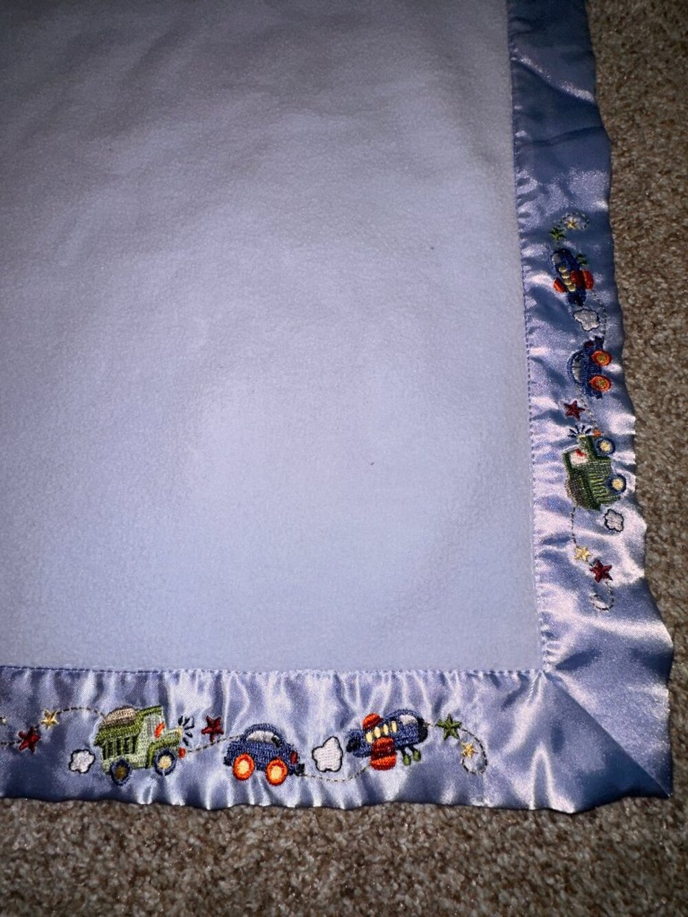 Parents Choice Blue Baby Blanket Satin Trim Truck Car Plane Airplane Fleece